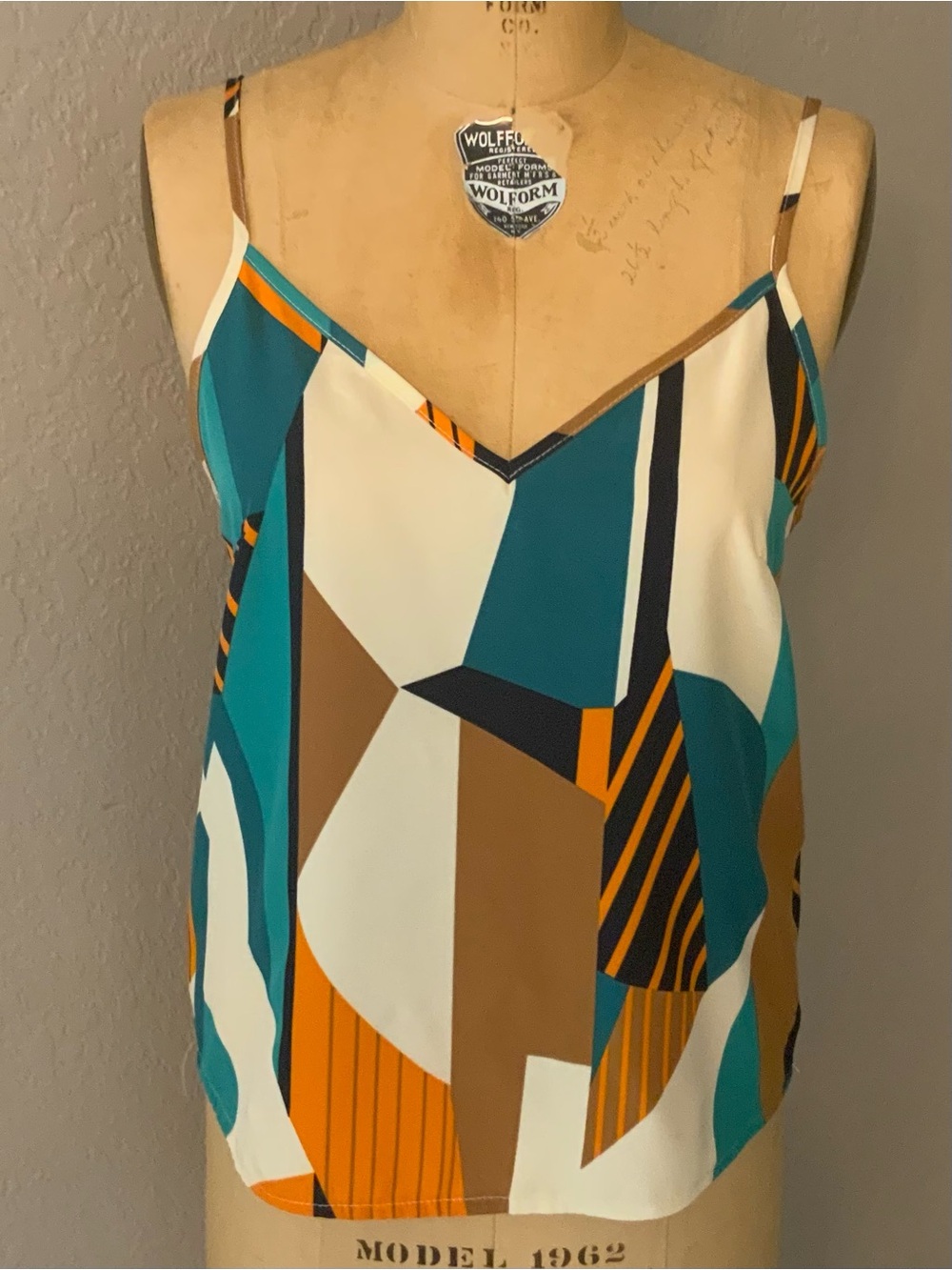 Emily Rose Teal, Brown & Orange Geometric Spaghetti-Strap Tank